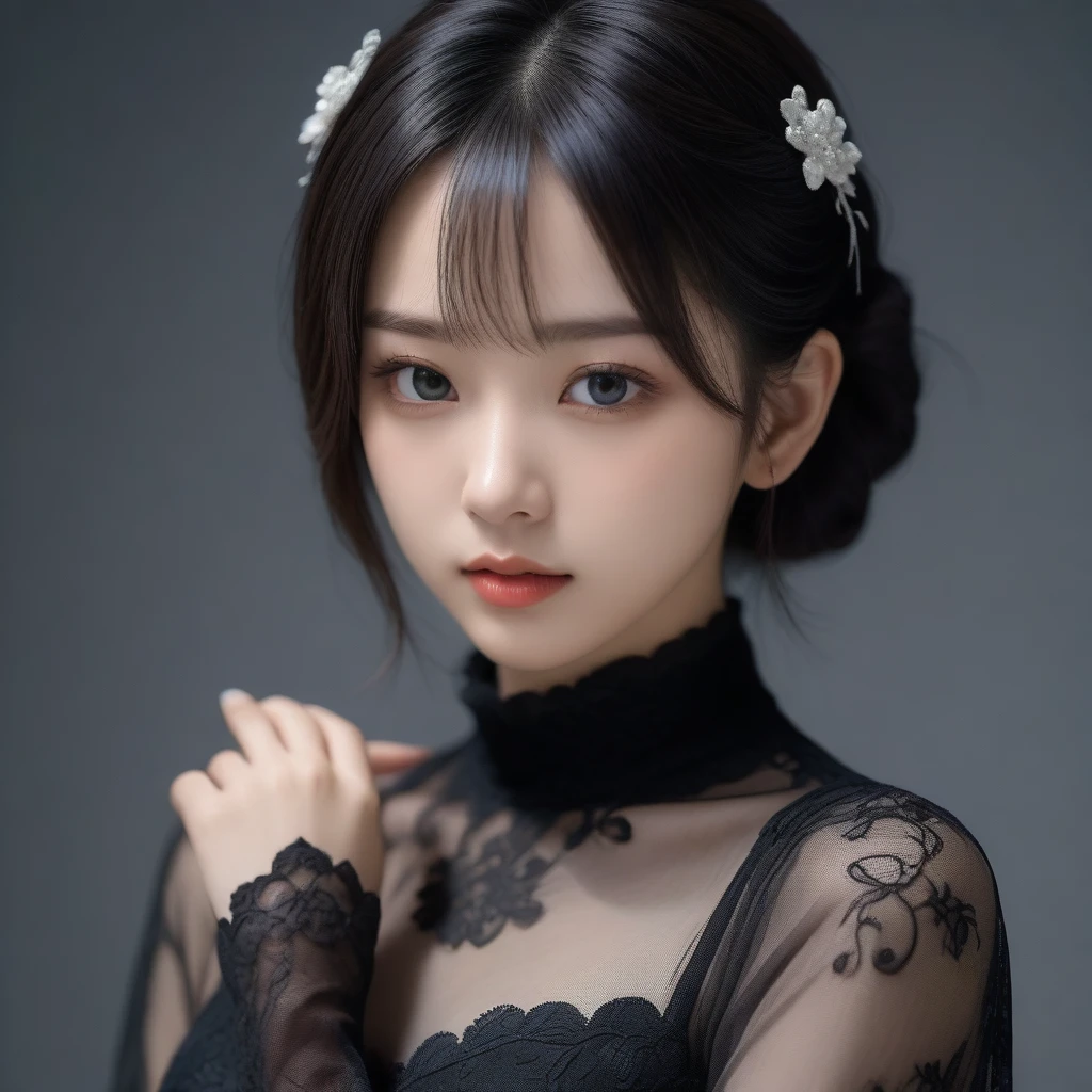 8k, Ultra-high resolution, Highest quality, masterpiece, 三分割法によるphotograph,Surreal, photograph, 1 Girl, (16 years old:1.3), pretty girl, Cute Face, Beautiful eyes in every detail, 細かくdetailedに,masterpiece,One Girl:1.2,Japan Female Teachers,extream close up,sad,streaming tears,Black short hair,Messy bun hair,(black suit:1.3),Nun's clothing,(印象派の美しい少女のPortraiture), (Gray background:1.3),(Impressionist light and colour),Gothic Girl , (One-piece suit, Embroidery lace,  Sexy Embroidered Mesh Pantyhose Gloves),Realistic Skin, Perfect and beautiful face ,完璧でCute Face, Skin with attention to detail, Perfect limbs、Narrow waist,Looking at the audience,(((Ideal body type))),A cup small breasts :2,Portraiture:2,Perfect Anatomy,鮮明なdetailed,detailed,Surreal,Light and shadow,darkness