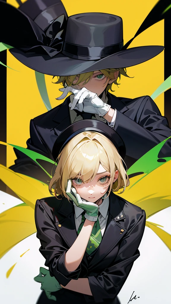 Adult Woman and Man, Tall, thin, bowler hat, green ribbon on the hat, blonde hair, gray eyes, black jacket, black pants, shoes, colorful patterns on the hat and jacket, black shirt, green tie, hands on the face, white gloves, skull emblem on the jacket, closes The face is with the eyes, but the eyes are visible, best quality, beautiful image, yellow background, autograph portrait, Only the face is visible, A little white chameleon on his shoulder