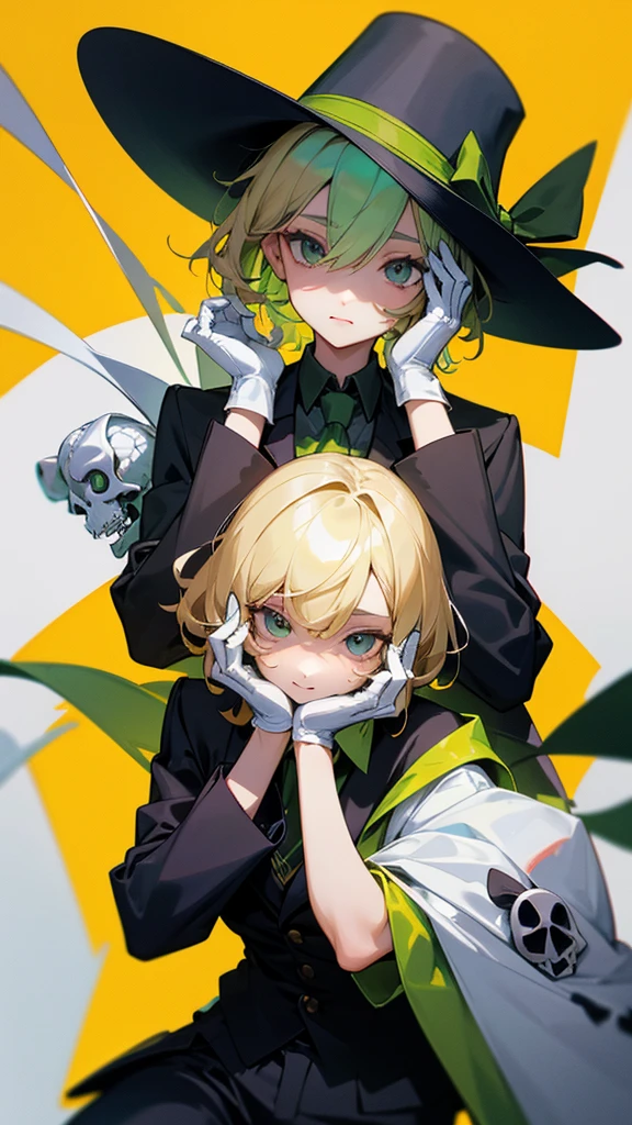 Adult Woman and Man, Tall, thin, bowler hat, green ribbon on the hat, blonde hair, gray eyes, black jacket, black pants, shoes, colorful patterns on the hat and jacket, black shirt, green tie, hands on the face, white gloves, skull emblem on the jacket, closes The face is with the eyes, but the eyes are visible, best quality, beautiful image, yellow background, autograph portrait, Only the face is visible, A little white chameleon on his shoulder
