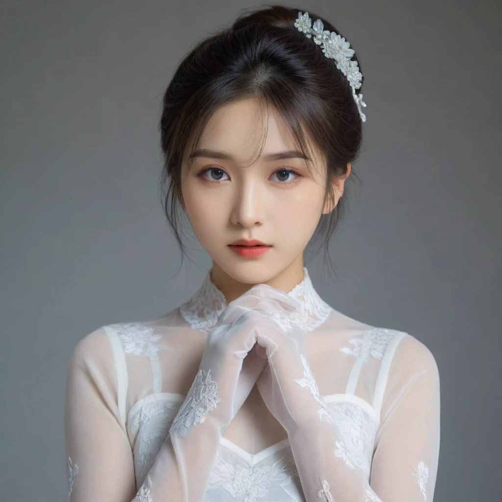 8k, Ultra-high resolution, Highest quality, masterpiece, 三分割法によるphotograph,Surreal, photograph, 1 Girl, (:1.3), pretty girl, Cute Face, Beautiful eyes in every detail, 細かくdetailedに,masterpiece,One Girl:1.2,Japan Female Teachers,extream close up,sad,streaming tears,Black short hair,Messy bun hair,(black suit:1.3),Nun's clothing,(印象派の美しい少女のPortraiture), (Gray background:1.3),(Impressionist light and colour),Gothic Girl , (One-piece suit, Embroidery lace, Sexy Embroidered Mesh Pantyhose Gloves),Realistic Skin, Perfect and beautiful face ,完璧でCute Face, Skin with attention to detail, Perfect limbs、Narrow waist,Looking at the audience,(((Ideal body type))),A cup small breasts :2,Portraiture:2,Perfect Anatomy,鮮明なdetailed,detailed,Surreal,Light and shadow,darkness