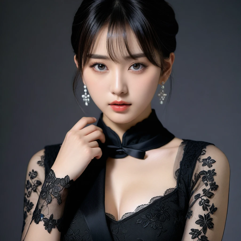 8k, Ultra-high resolution, Highest quality, masterpiece, 三分割法によるphotograph,Surreal, photograph, 1 Girl, (:1.3), pretty girl, Cute Face, Beautiful eyes in every detail, 細かくdetailedに,masterpiece,One Girl:1.2,Japan Female Teachers,extream close up,sad,streaming tears,Black short hair,Messy bun hair,(black suit:1.3),Nun's clothing,(印象派の美しい少女のPortraiture), (Gray background:1.3),(Impressionist light and colour),Gothic Girl , (One-piece suit, Embroidery lace, Sexy Embroidered Mesh Pantyhose Gloves),Realistic Skin, Perfect and beautiful face ,完璧でCute Face, Skin with attention to detail, Perfect limbs、Narrow waist,Looking at the audience,(((Ideal body type))),A cup small breasts :2,Portraiture:2,Perfect Anatomy,鮮明なdetailed,detailed,Surreal,Light and shadow,darkness