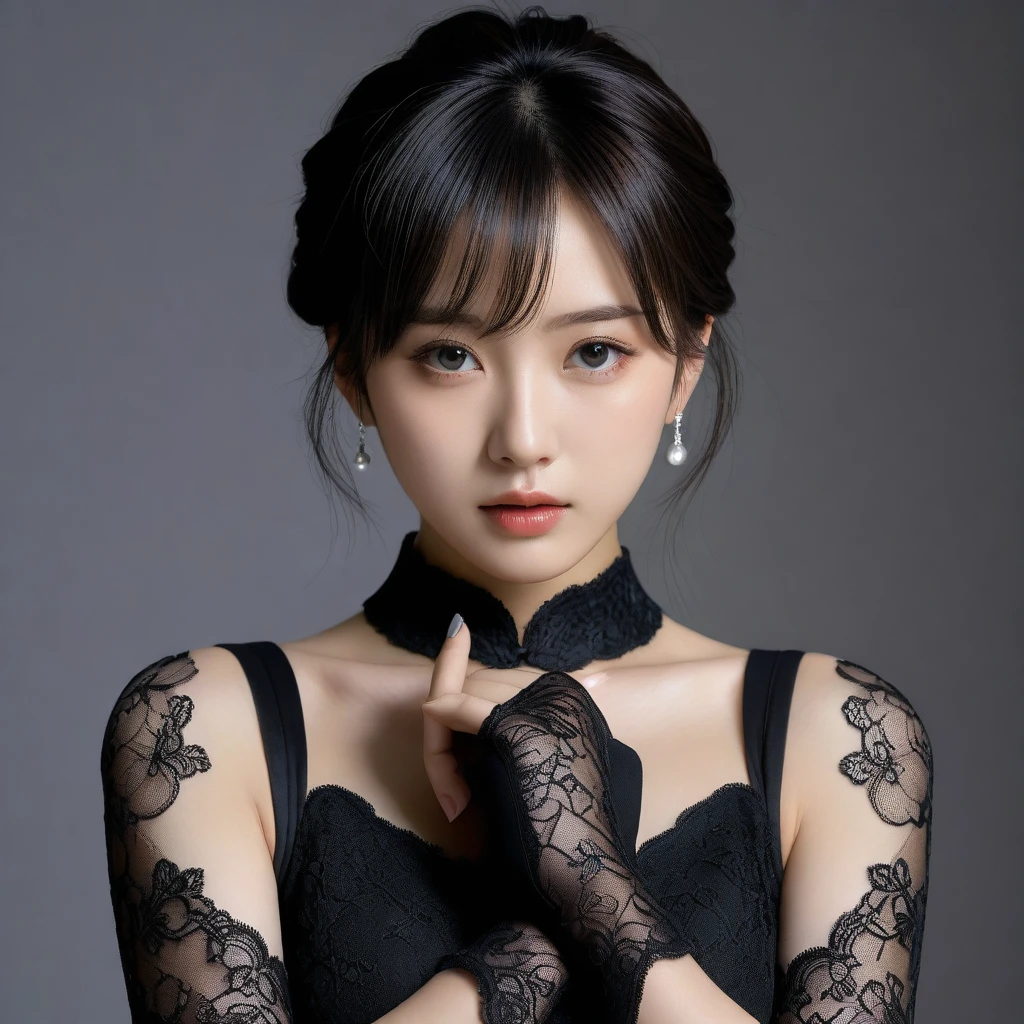 8k, Ultra-high resolution, Highest quality, masterpiece, 三分割法によるphotograph,Surreal, photograph, 1 Girl, (16 years old:1.3), pretty girl, Cute Face, Beautiful eyes in every detail, 細かくdetailedに,masterpiece,One Girl:1.2,Japan Female Teachers,extream close up,sad,streaming tears,Black short hair,Messy bun hair,(black suit:1.3),Nun's clothing,(印象派の美しい少女のPortraiture), (Gray background:1.3),(Impressionist light and colour),Gothic Girl , (One-piece suit, Embroidery lace, Sexy Embroidered Mesh Pantyhose Gloves),Realistic Skin, Perfect and beautiful face ,完璧でCute Face, Skin with attention to detail, Perfect limbs、Narrow waist,Looking at the audience,(((Ideal body type))),A cup small breasts :2,Portraiture:2,Perfect Anatomy,鮮明なdetailed,detailed,Surreal,Light and shadow,darkness