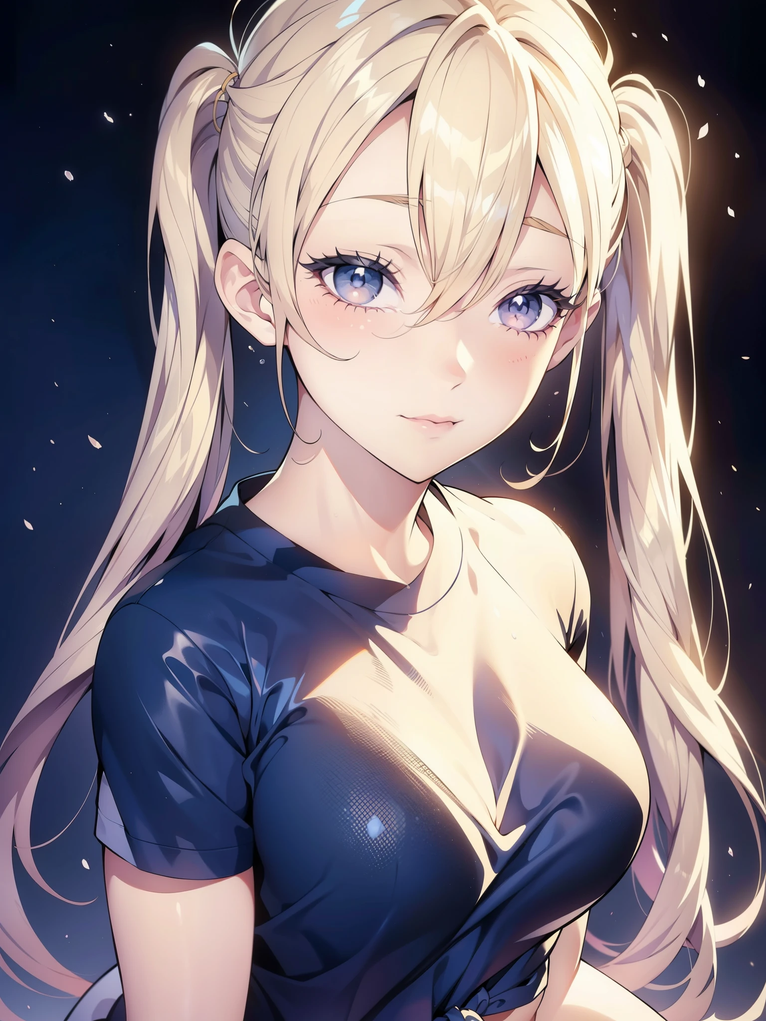 1girl, solo, portrait of a woman with blonde hair, long flowing pigtails, wearing a blue shirt, wearing a t-shirt, shirt tied in a shirt knot, exposed navel, anime illustration, anime girls, vivid colors, detailed facial features, dramatic lighting, digital painting, trending on ArtStation