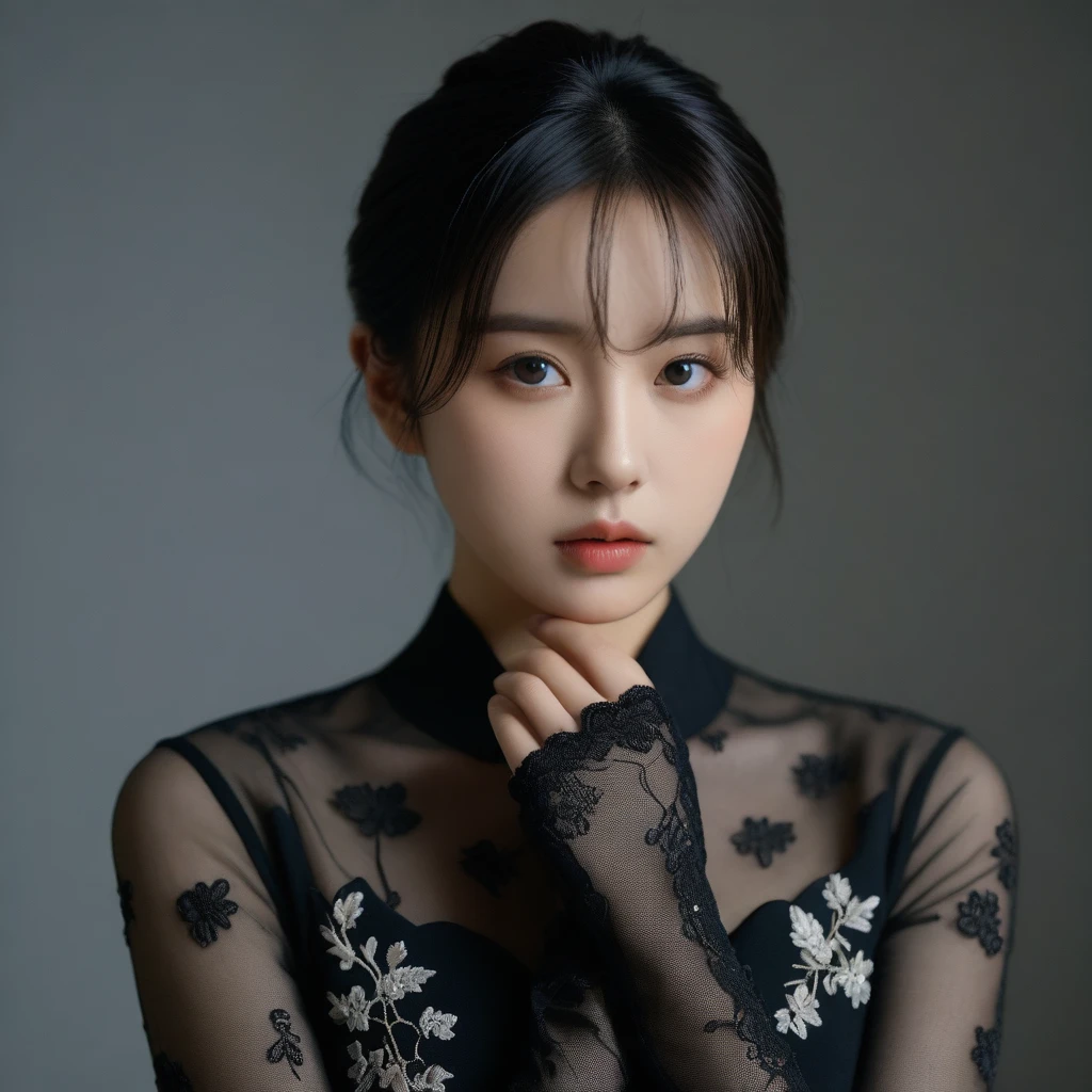 8k, Ultra-high resolution, Highest quality, masterpiece, 三分割法によるphotograph,Surreal, photograph, 1 Girl, (16 years old:1.3), pretty girl, Cute Face, Beautiful eyes in every detail, 細かくdetailedに,masterpiece,One Girl:1.2,Japan Female Teachers,extream close up,sad,streaming tears,Black short hair,Messy bun hair,(black suit:1.3),Nun's clothing,(印象派の美しい少女のPortraiture), (Gray background:1.3),(Impressionist light and colour),Gothic Girl , (One-piece suit, Embroidery lace, Sexy Embroidered Mesh Pantyhose Gloves),Realistic Skin, Perfect and beautiful face ,完璧でCute Face, Skin with attention to detail, Perfect limbs、Narrow waist,Looking at the audience,(((Ideal body type))),A cup small breasts :2,Portraiture:2,Perfect Anatomy,鮮明なdetailed,detailed,Surreal,Light and shadow,darkness