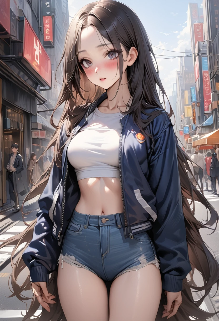 (((masterpiece,Highest quality:1.3,best quality illustration))),(realistic:1.2),cowboy shot,独奏,1woman,(20 year old beauty),((very small head:1.3)),black hair,long hair,forehead,center parted bangs,black eyes,gorgeous big eyes,blush,((very long body,skinny)),(Navy blue baseball jacket),medium breasts,gleaming skin,toned body,slender body,skinny,denim micro shorts,navel、Wearing a white tube top shirt and a blouson,on street,New York City、