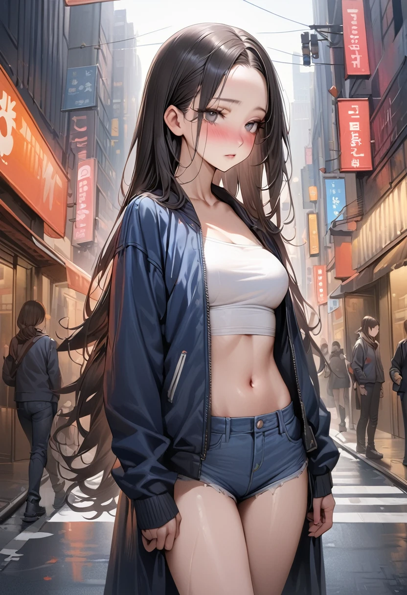(((masterpiece,Highest quality:1.3,best quality illustration))),(realistic:1.2),cowboy shot,独奏,1woman,(20 year old beauty),((very small head:1.3)),black hair,long hair,forehead,center parted bangs,black eyes,gorgeous big eyes,blush,((very long body,skinny)),(Navy blue baseball jacket),medium breasts,gleaming skin,toned body,slender body,skinny,denim micro shorts,navel、Wearing a white tube top shirt and a blouson,on street,New York City、