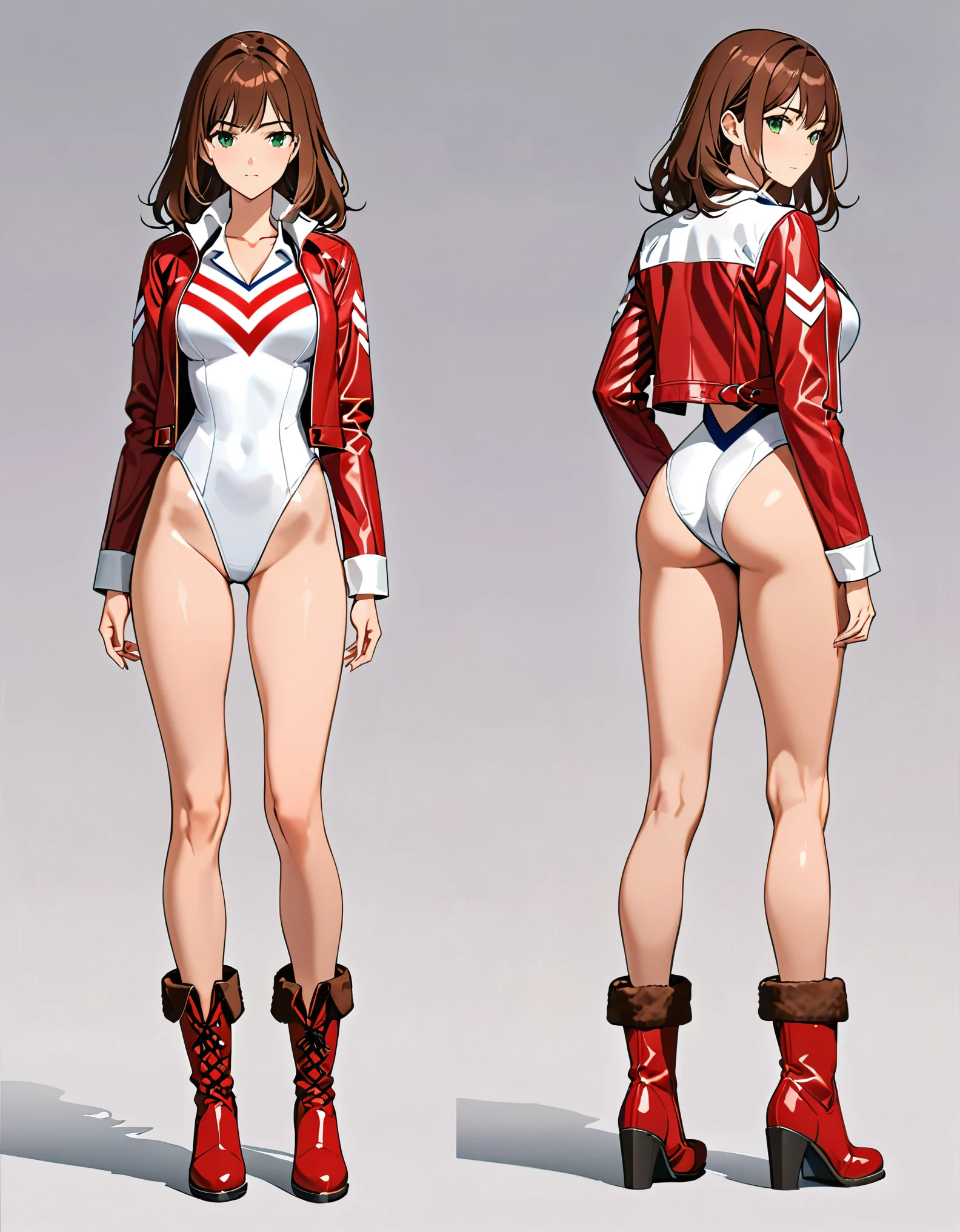 (masterpiece), (best quality), (high res), 1lady, tall body, beautiful detailed eyes, beautiful detailed face, serious, perfect hands, complete fingers, perfect anatomy, perfect proportions, ((brown hair, medium hair, hair down)), ((green eyes)), ((leotard, white leotard, matching leotard)), ((white dress collar, open collar)), ((bare legs)), ((boots, matching boots, ankle-high boots, red boots)), breasts, medium breasts, looking at viewer, (solo, solo focus), standing, (((yellow upside-down chevron) (symbol) on chest)), ((red leather jacket, open jacket)), full body costume design. Simple background, Multiple Views, Character Sheet Full-Length. sfw.