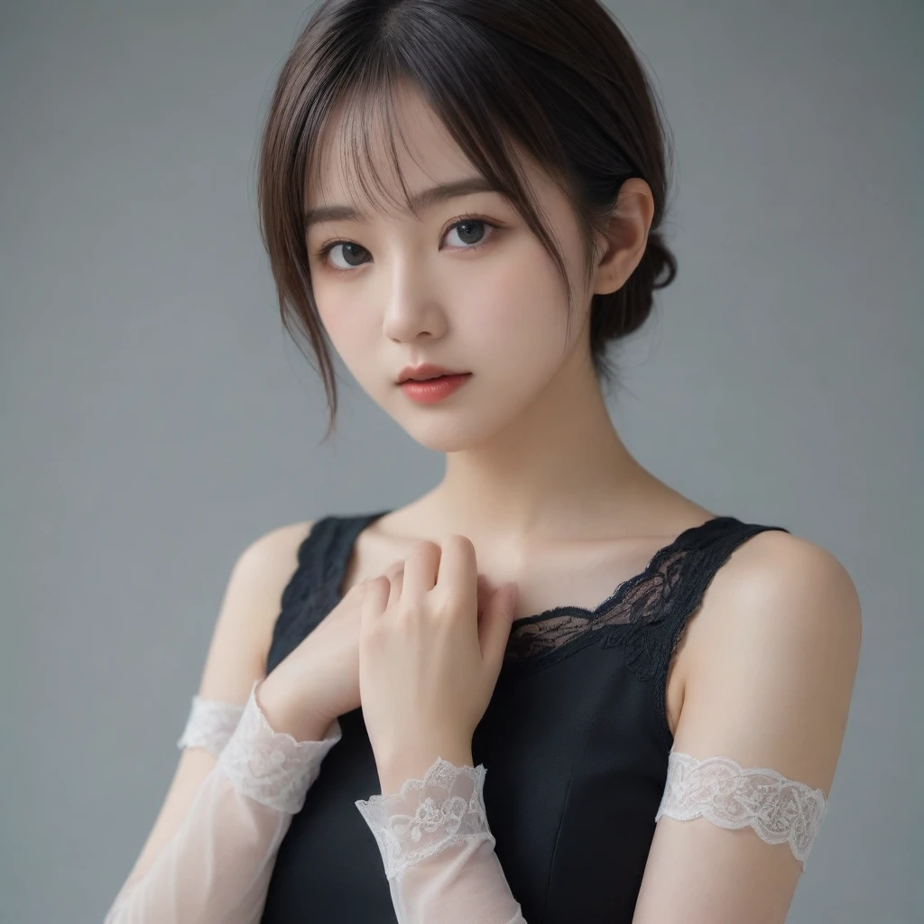 8k, Ultra-high resolution, Highest quality, masterpiece, 三分割法によるphotograph,Surreal, photograph, 1 Girl, (16 years old:1.3), pretty girl, Cute Face, Beautiful eyes in every detail, 細かくdetailedに,masterpiece,One Girl:1.2,Japan Female Teachers,extream close up,sad,streaming tears,Black short hair,Messy bun hair,(black suit:1.3),Nun's clothing,(印象派の美しい少女のPortraiture), (Gray background:1.3),(Impressionist light and colour),Gothic Girl , (One-piece suit, Embroidery lace, Sexy Embroidered Mesh Pantyhose Gloves),Realistic Skin, Perfect and beautiful face ,完璧でCute Face, Skin with attention to detail, Perfect limbs、Narrow waist,Looking at the audience,(((Ideal body type))),A cup small breasts :2,Portraiture:2,Perfect Anatomy,鮮明なdetailed,detailed,Surreal,Light and shadow,darkness