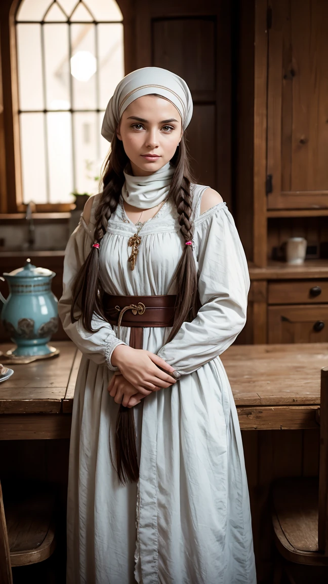 CRU photo, slavic woman, age 25, Waist-height image in the center of the composition, (Long braids), Poor Clothing of the Early Middle Ages, ((modest)), embarrased, Inside the house, nblurry background, 8k hd, Poor lighting, high qualiy, film grain, Fujifilm XT3