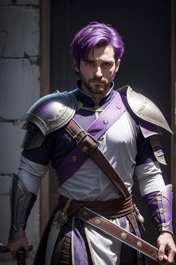 A 35-year-old man without a beard with clothes, knight without armor, he has short purple hair, he is holding a sword, it's pretty yummy,