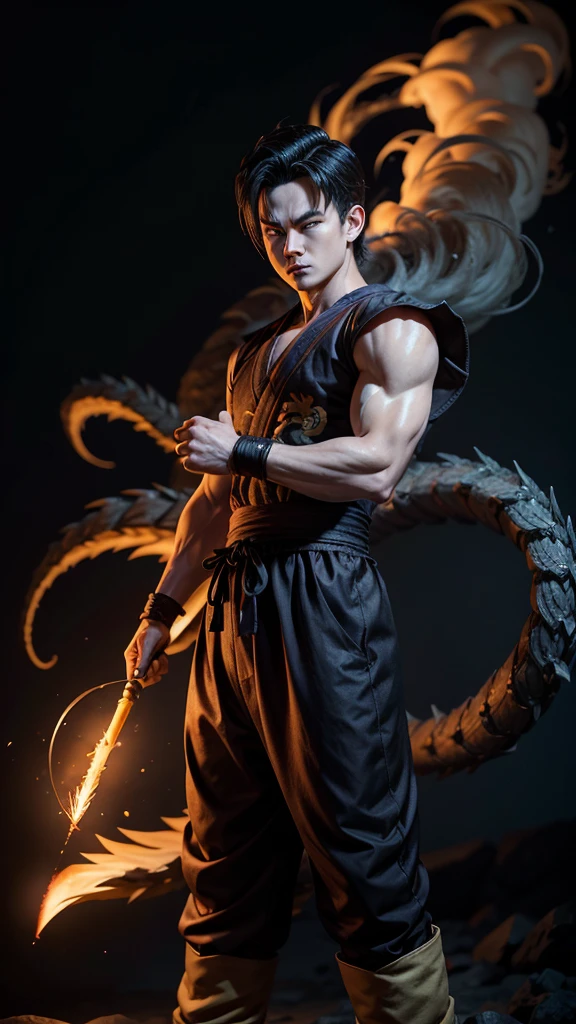 Image written Gohan, with a dark Japanese dragon, with a dark background full of smoke