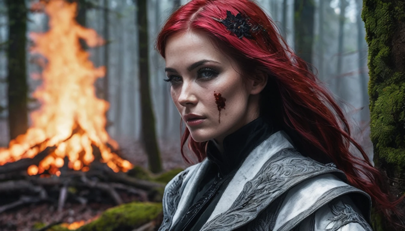 2 woma.
30 years old, red hair, caucasian, red eyes, blood on face, detailed black outfit, 1 woman, 30 years old, caucasian, white hair, grey eyes, detailed white outfit, dark forest background, (best quality,4k,8k,highres,masterpiece:1.2),ultra-detailed,(realistic,photorealistic,photo-realistic:1.37),HDR,UHD,studio lighting,ultra-fine painting,sharp focus,physically-based rendering,extreme detail description,professional,vivid colors,bokeh,portrait,horror