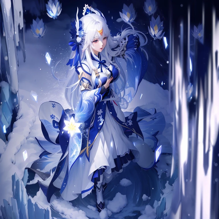 Anime girl with long white hair and blue dress standing in the snow, White-haired deity, Anime style like fate/overnight, 绫香Genshin Impact冲击, anime art wallpaper 8 k, 《Genshin Impact》Keqing, From Ark of Tomorrow, Anime Art Wallpaper 4K, Anime Art Wallpaper 4K, Best Anime 4K Konachan Wallpapers, 4k anime wallpaper