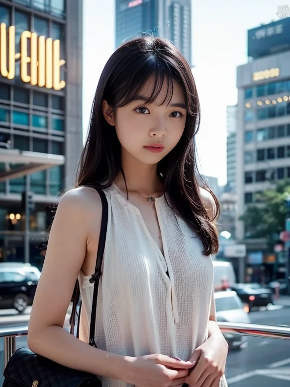 (Noriko Ogawa), girl, alone, Female Model, Mode, City, Cinematic, Gorgeous, skyscraper, elegant, Shiny material. The generated image is、Attracting attention in fashion magazines and on social media、