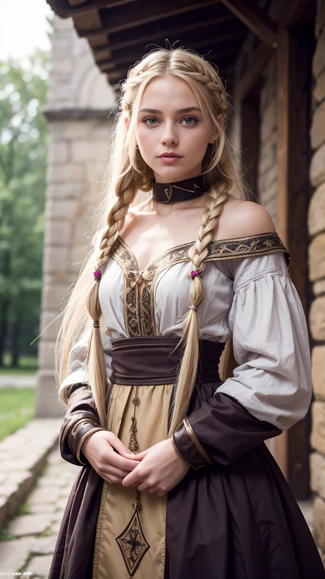 CRU photo, One of Slavic appearance, 20 years old, Waist-height image in the center of the composition, hair blonde, (Long braids), Poor medieval clothing, ((modest)), embarrased, nblurry background, 8k hd, soft lighting, high qualiy, film grain, Fujifilm XT3