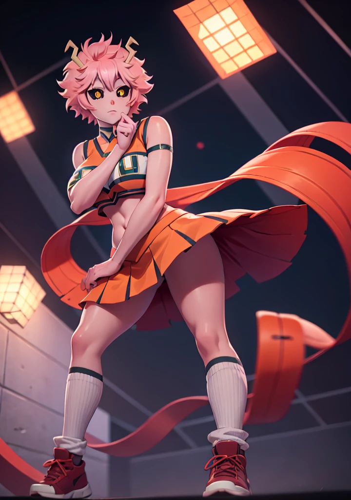 mina ashido, 1girl, solo, looking at viewer, short hair, simple background, yellow eyes, pink hair, horns, colored skin, colored sclera, black sclera, pink skin, U.A. CheerUniform, orange skirt, (bare belly), perfect shading, bare shoulders, big breasts