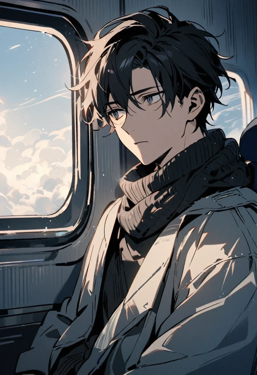 Handsome black hair boy, Melancholy look while sitting in an airplane seat looking out the window, cold and reserved look
