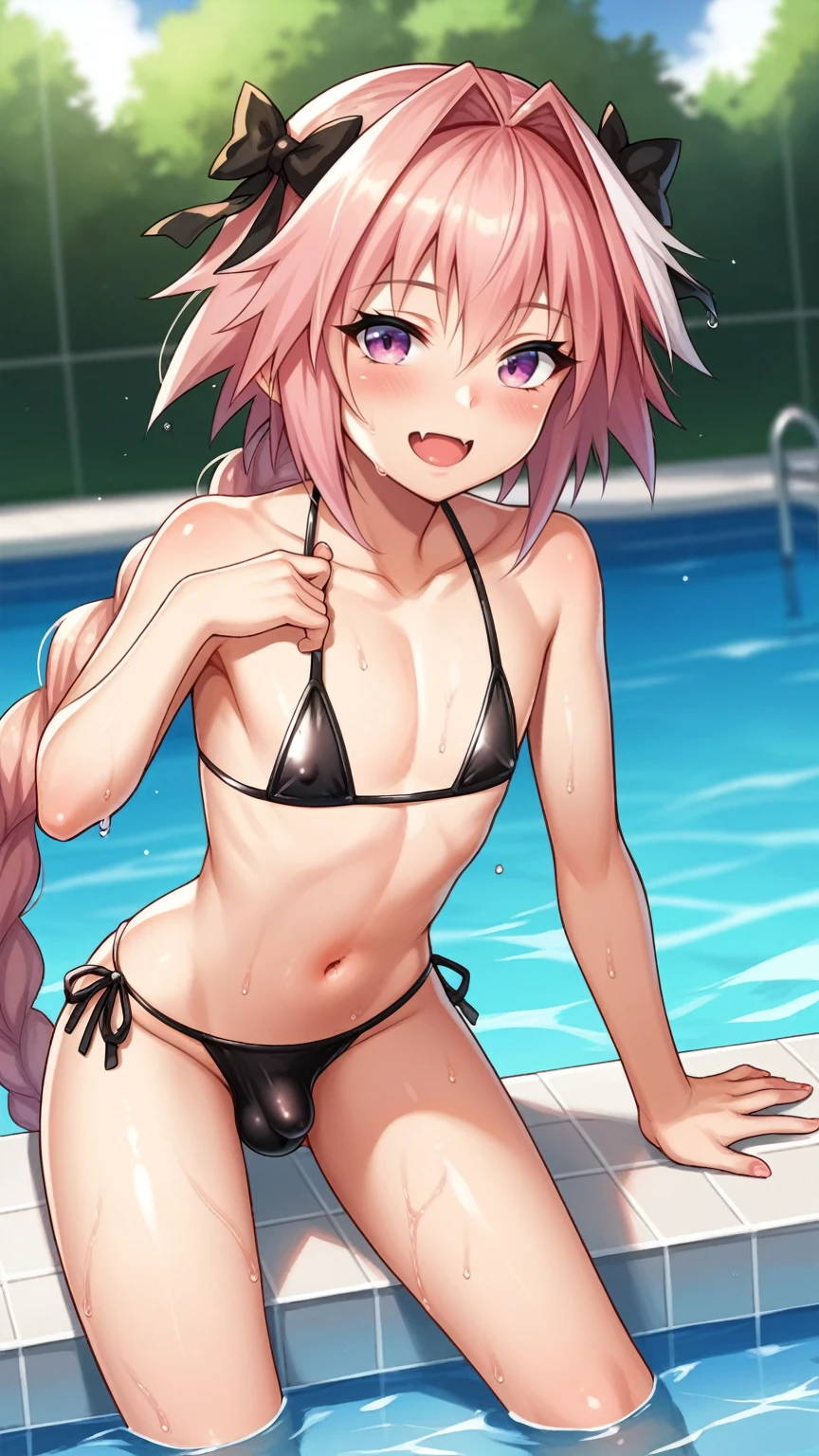 score_9, score_8_up, score_7_up, source_anime, 1boy, solo, bulge, femboy, astolfo, fate, small erection bulge, front view, shota, , young, very young, presenting, ((shota)), grinning, feminine, girly hips, slender waist, long ponytail, small penis, small balls, midriff, bikini top, soft and feminine body, smooth flat chest, slender, cute, hourglass figure, otoko no ko, girly, feminine, pool, wet, young, bikini bottoms, pretty as, pert butt, full asscheeks, presenting ass, glancing over shoulder, (view from behind), 