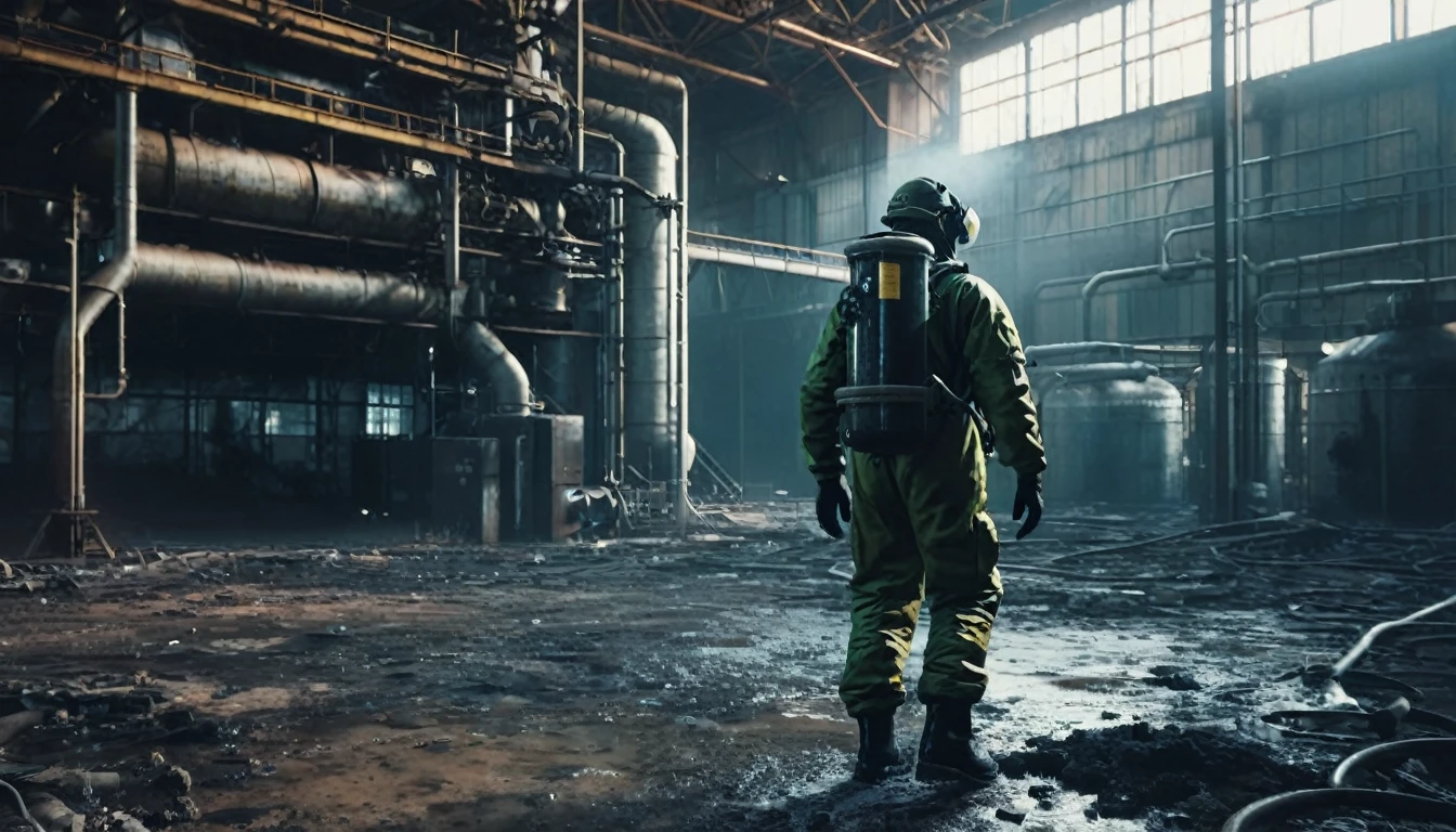 A man in a gas suit walking through an abandoned chemical factory, leaking gas and toxic smoke, surreal color tones, photography style, by Greg Rutkowski, epic 3D videogame graphics, intricately detailed, 8K resolution, dynamic lighting, Unreal Engine 5, CryEngine, trending on ArtStation, HDR, 3D masterpiece, Unity render, perfect composition