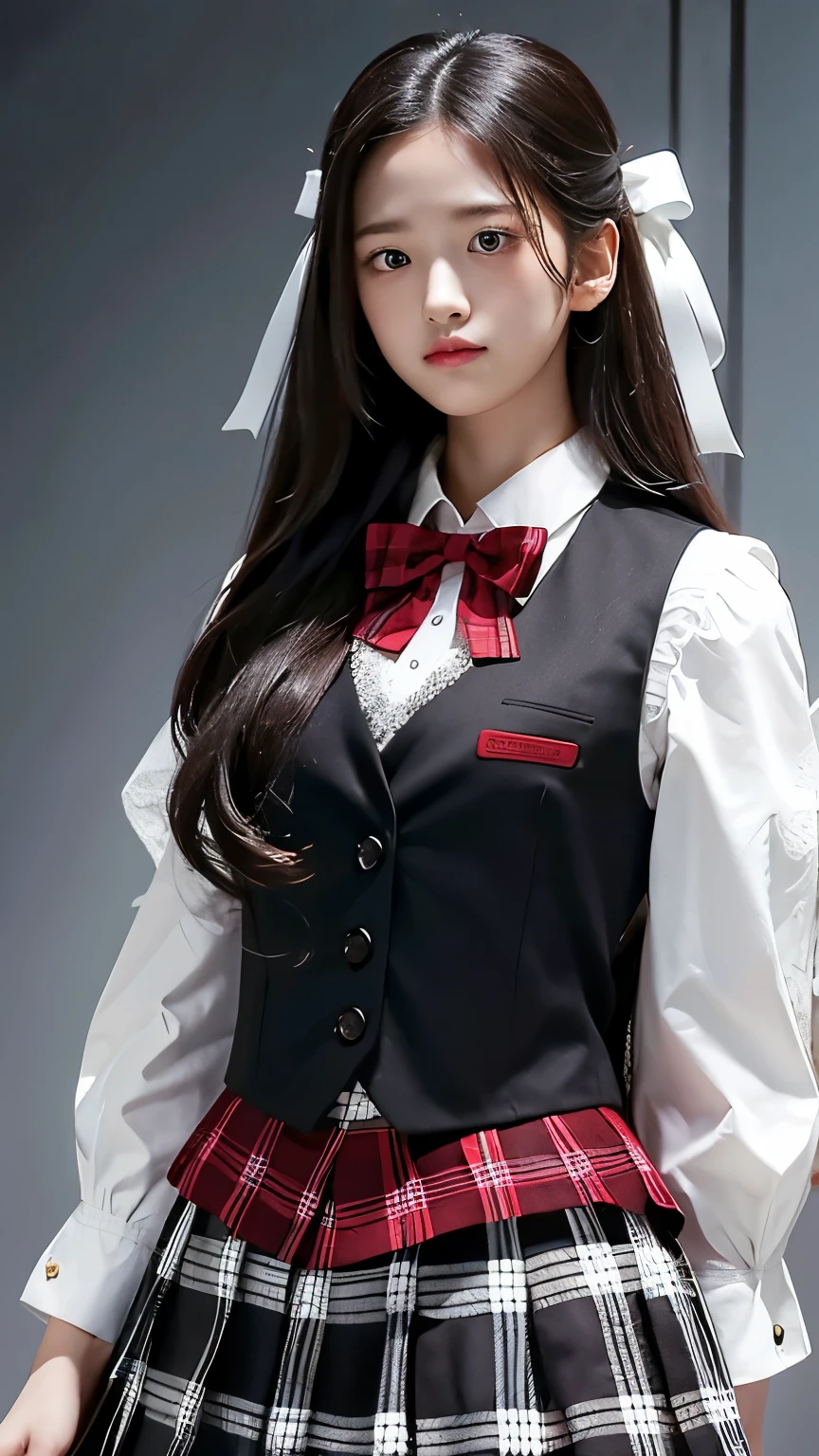 High resolution、masterpiece、middle School girls、black and white plaid skirt、White lace blouse、Red vest、long hair、cute face
