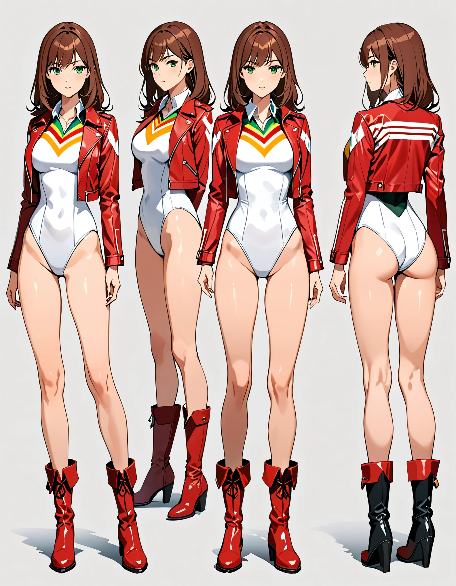 (masterpiece), (best quality), (high res), 1lady, tall body, beautiful detailed eyes, beautiful detailed face, serious, perfect hands, complete fingers, perfect anatomy, perfect proportions, ((brown hair, medium hair, hair down)), ((green eyes)), ((leotard, white leotard, matching leotard)), ((white dress collar, open collar)), ((bare legs)), ((boots, matching boots, ankle-high boots, red boots)), breasts, medium breasts, looking at viewer, (solo, solo focus), standing, (((yellow upside-down chevron) (symbol) on chest)), ((red leather jacket, open jacket)), full body costume design. Simple background, Multiple Views, Character Sheet Full-Length. sfw.