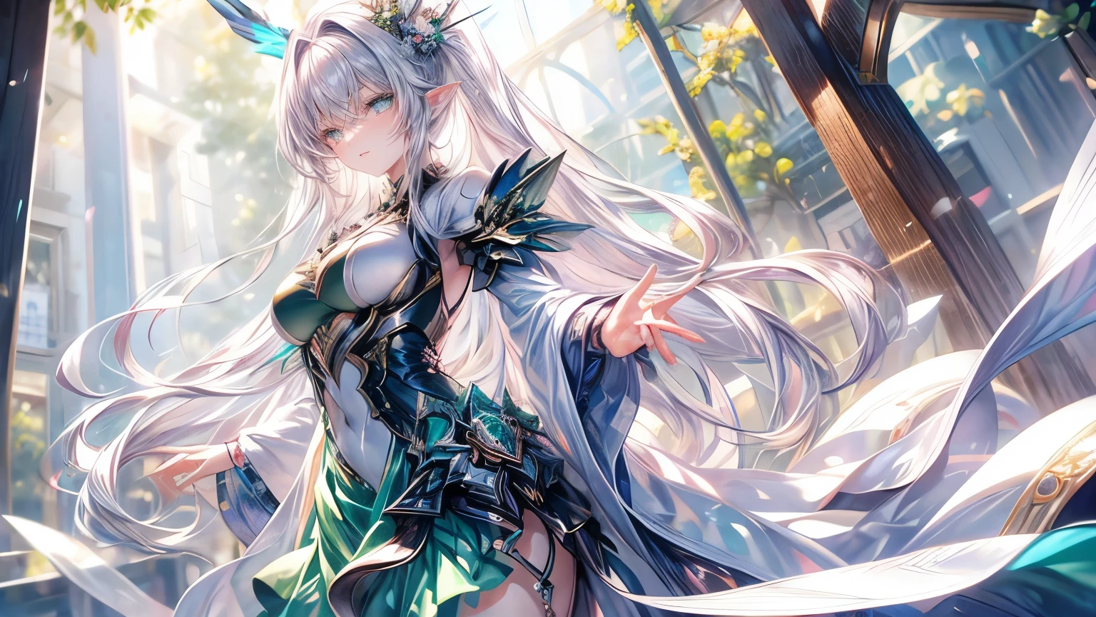 ((Silver Hair)), Very detailed顔と目, Very long hair, jewelry, Purple Hair Band, Long pointy ears, anime, masterpiece, Textured skin, (Very detailed), Awards, (Highest quality), Fairy, in the forest, wood々The sunlight shines in, (Green Dress:1.4), whole body, Beautiful legs, hunting, Bow and Arrow, eyeball, tsurime, Variegated eyes, Bust Shot