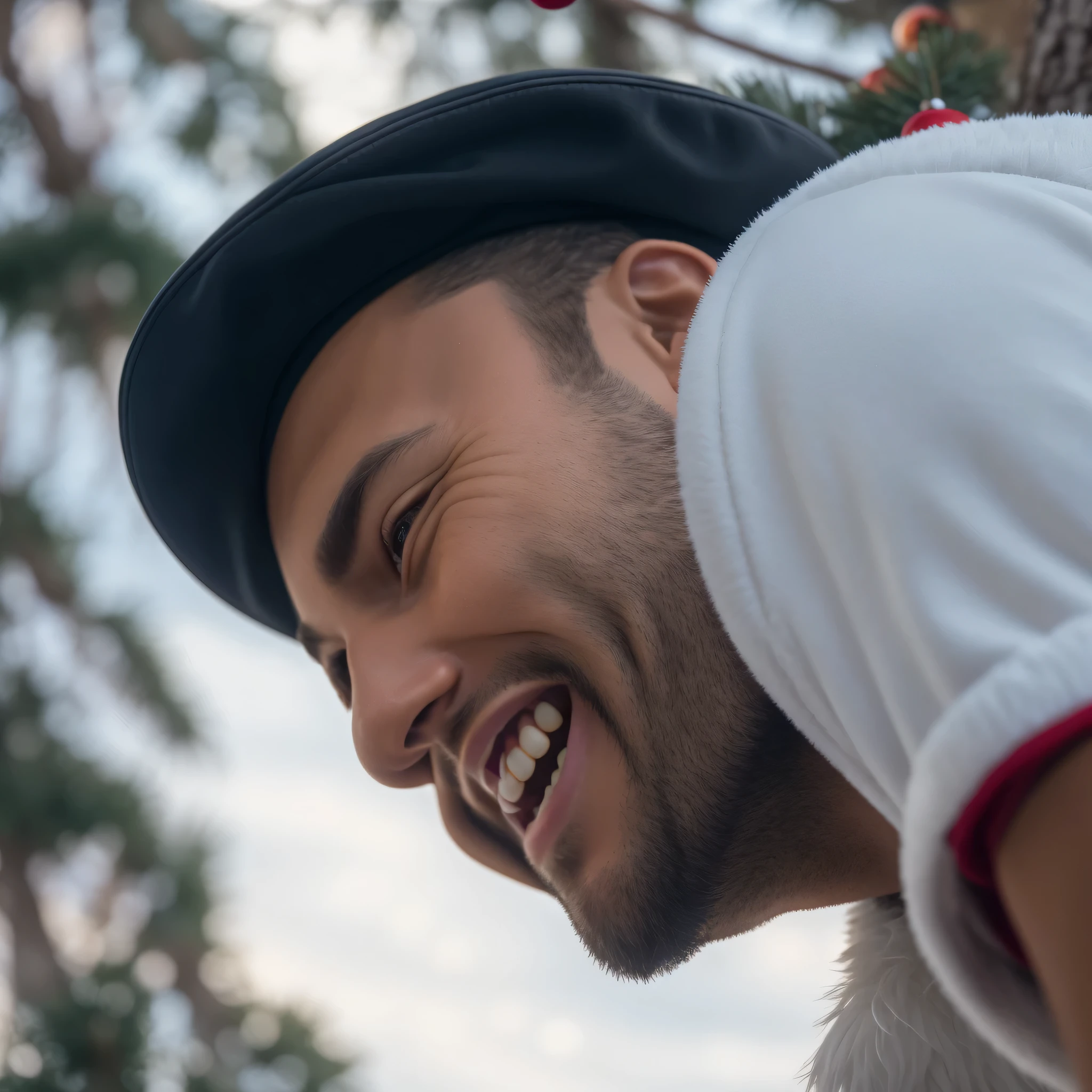 smiling man in a black hat leaning against a tree, headshot profile picture, taken in the early 2020s, mutahar laughing, profile pic, with a tree in the background, borja, avatar image, he is smiling, guillaume tholly, smiling down from above, profile photo, trees in the background, smiling laughing, happy and smiling,HD, (finest details), (best quality), Merry, Christmas decorations, night, Christmas theme, Christmas gifts, Christmas tree, best quality, high resolution, Christmas decorations, lights, snowflakes, (( (Red Christmas hat))),