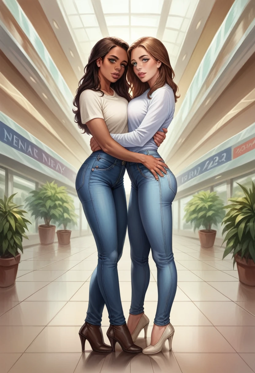 32 year old Indian-nigerian-japanesen woman, 5'6, bright eyes, big lips, brown skin, detailed anatomy, realistic, beautiful detailed eyes, beautiful detailed lips, extremely detailed face, longeyelashes, standing in a mall, photorealistic, jean hugging her body, tshirt, full body
