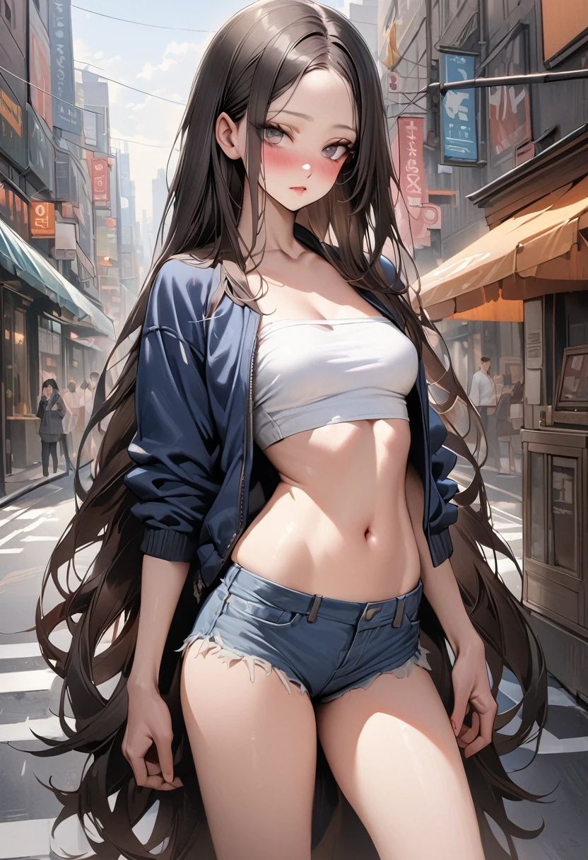 (((masterpiece,Highest quality:1.3,best quality illustration))),(realistic:1.2),cowboy shot,独奏,1woman,(18 year old beauty),((very small head:1.3)),black hair,long hair,forehead,center parted bangs,black eyes,gorgeous big eyes,blush,((very long body,skinny)),(Navy blue baseball jacket),medium breasts,gleaming skin,toned body,slender body,skinny,denim micro shorts,navel、Wearing a white tube top shirt and a blouson,on street,New York City、