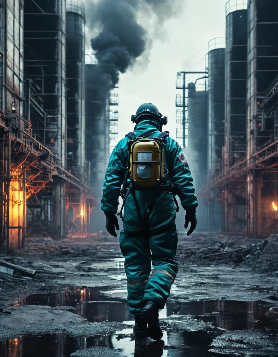 A man in a gas suit walking through an abandoned chemical factory, leaking gas and toxic smoke, surreal color tones, photography style, by Greg Rutkowski, epic 3D videogame graphics, intricately detailed, 8K resolution, dynamic lighting, Unreal Engine 5, CryEngine, trending on ArtStation, HDR, 3D masterpiece, Unity render, perfect composition