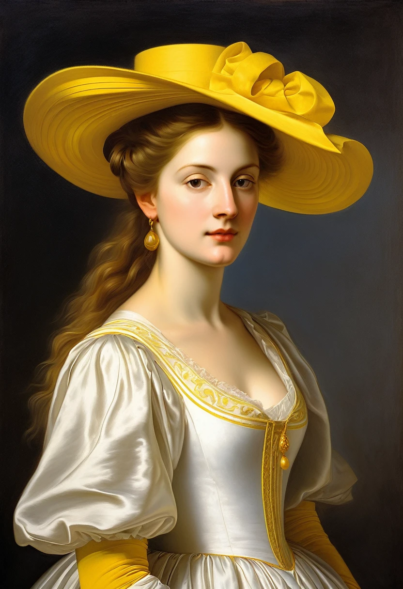 painting of a woman in a white dress and a yellow hat, neoclassical portrait, renaissance digital painting, renaissance style painting, renaissance portrait, portrait of a beautiful goddess, in a renaissance style, realistic renaissance portrait, neoclassical paintings, renaissance oil painting, classical portrait, classicism oil painting, beautiful maiden, rococo style portrait, portrait of a european woman