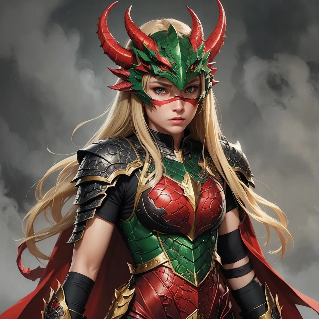 1girl, long blonde straight hair with bangs, serious expression, green eyes, superhero girl, red-black dragon dress, dragon head mask, dragon armor dress, dragon head mask on head covering half the face, dragon head mask falling to forehead and nose, dragon head mask on ground from forehead to nose, (best quality,4k,8k,highres,masterpiece:1.2),ultra-detailed,(realistic,photorealistic,photo-realistic:1.37), highly detailed, intricate details, hyper realistic, cinematic lighting, dramatic lighting, vibrant colors, fantasy, concept art, digital painting