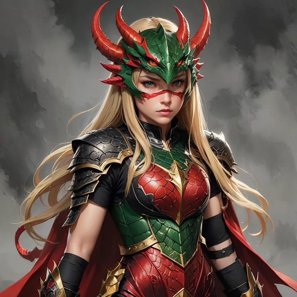 1girl, long blonde straight hair with bangs, serious expression, green eyes, superhero girl, red-black dragon dress, dragon head mask, dragon armor dress, dragon head mask on head covering half the face, dragon head mask falling to forehead and nose, dragon head mask on ground from forehead to nose, (best quality,4k,8k,highres,masterpiece:1.2),ultra-detailed,(realistic,photorealistic,photo-realistic:1.37), highly detailed, intricate details, hyper realistic, cinematic lighting, dramatic lighting, vibrant colors, fantasy, concept art, digital painting