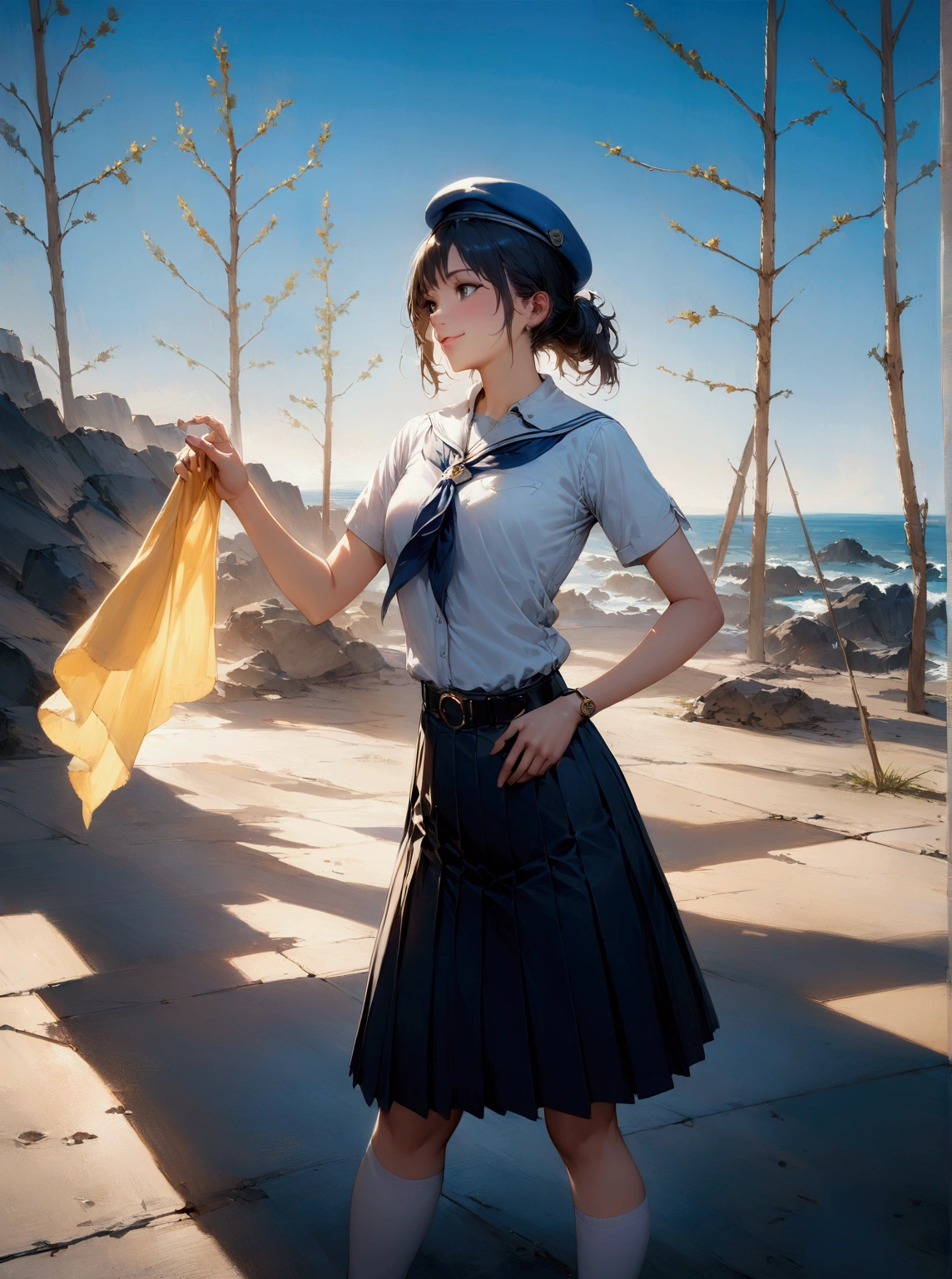 realistic anime illustration of pretty teenage girl smiling and touching a yellow handkerchief on sunny day, black long hair girl, she wearing cornflower-blue short sleeves collared shirt, navy-blue neckerchief, navy-blue pleated pencil long skirt, black belt with gold circle buckle, and white socks, (1girl, solo,full body), (masterpiece, best quality), BREAK, (cornflower-blue short sleeves collared shirt, navy-blue neckerchief, navy-blue pleated pencil long skirt, black belt with gold circle buckle, white socks and navy-blue beret)