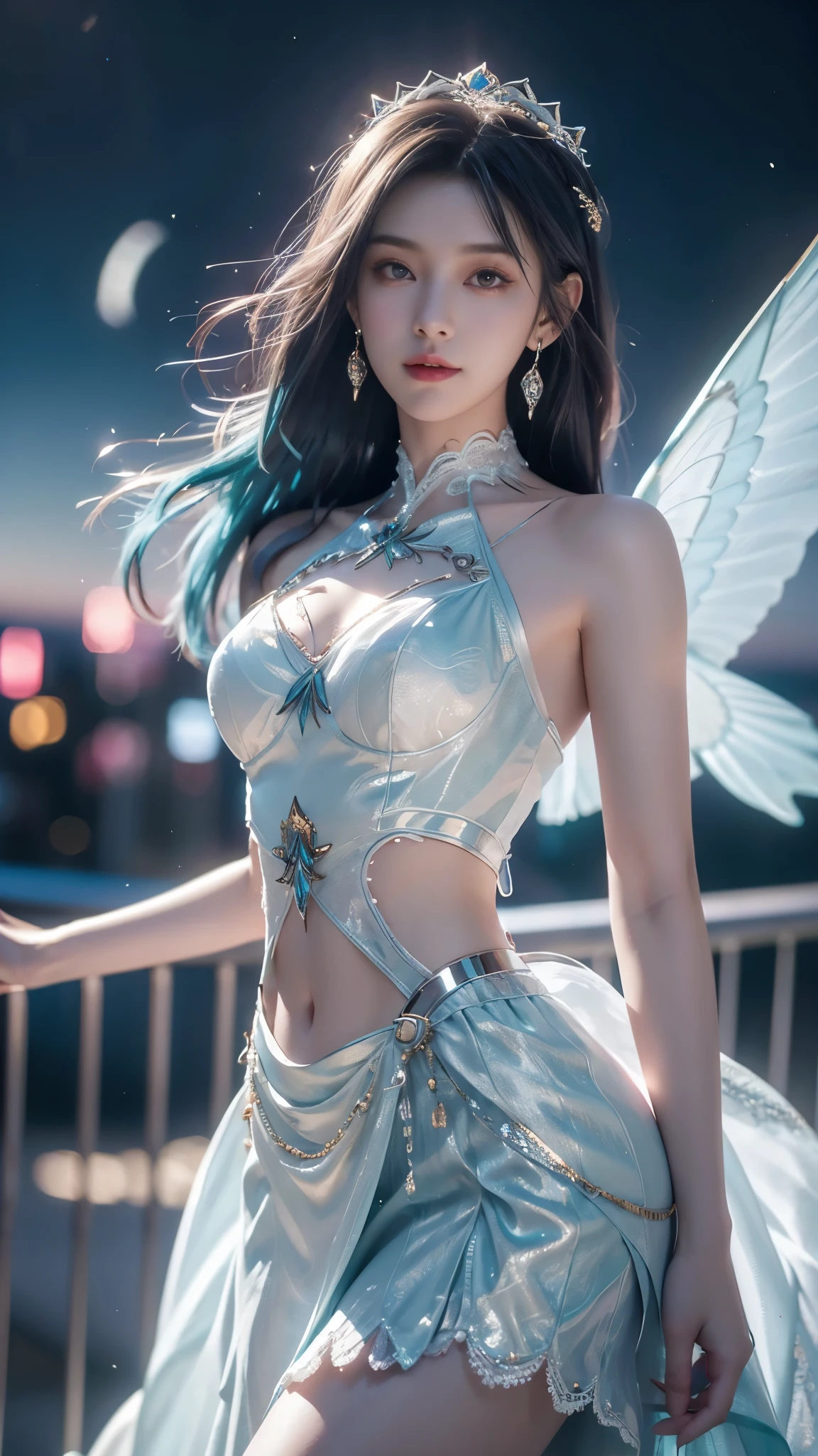 8K, UHD, MAsterpiece, best quality, 1 girl, (realistic face), happy pace, very long hair, small breasts, decorated dress, very beautiful ornaments dress, ((white and teal color)), ((lace)), mesh dress, sardine, loops, legendary night balcony, depth of field, cinematic lighting, chromatic aberration, motion blur, glowing light, god rays, ray tracing, reflection light, backlighting, navel short,