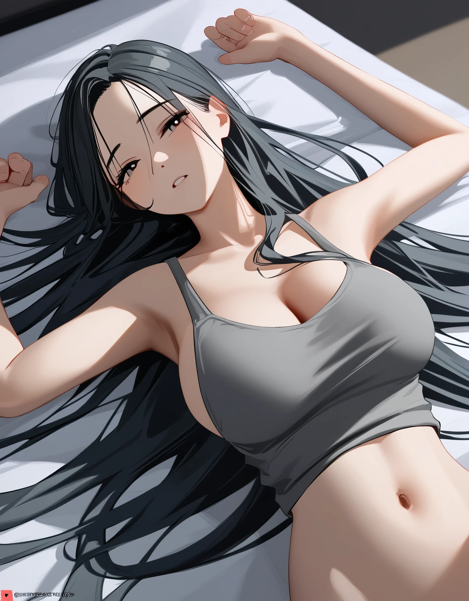 The image is a detailed illustration of a nude woman with large breasts and long flowing hair with a greenish hue, lying on a bed in a relaxed position, wearing a thin gray tank top, anatomically correct, super detail, high quality, 4K