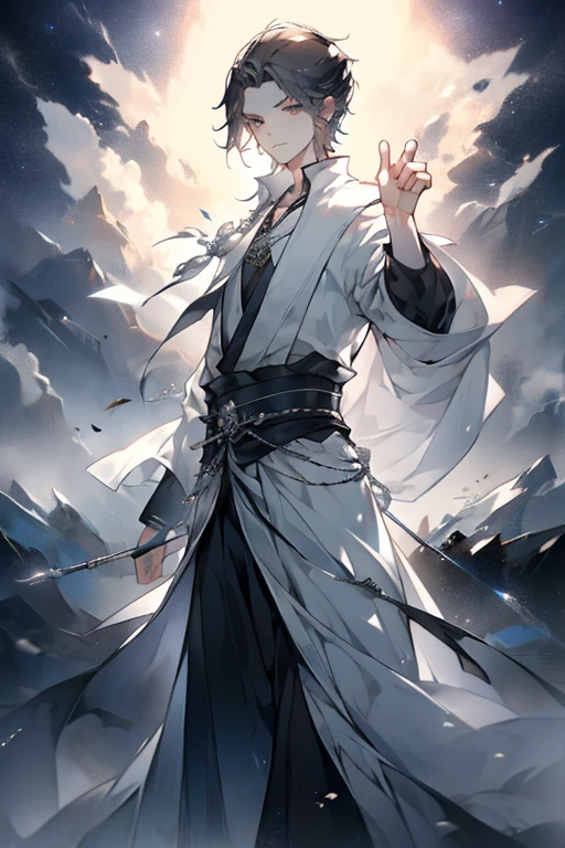 A young man,For the audience,((Black short hair)),Light forehead,Make an attacking gesture,Chinese fantasy costumes,Background is starry sky,Gray atmosphere