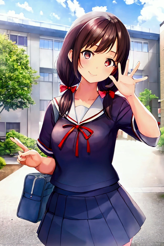 1girl, standing, (waving at the camera with left hand), (hand on chest with right hand), (head tilt), smile, ****, standing, gentle smile, ****, head tilt, school building on the back, 3-story white school building, outdoor, tree on side, (low twintails), red ribbon on hair, very long black hair, white serafuku with blue ribbon, navy-blue collar, navy-blue skirt, (dark brown eye), school bag on right shoulder, afternoon, summer, school, (from front:1.4), upper body, anime, high brightness, detailed face, detailed eyes, (high quality, ultra detailed, masterpiece, super detail, highres, anatomically correct, UDH), good hands, good fingers Japanese anime style, extremely cute