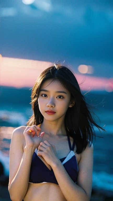 Pretty, cute, ((preteen)) Hong Kong girl on the beach, pale skin