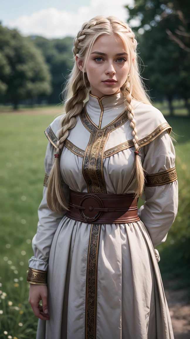 CRU photo, One of Slavic appearance, 20 years old, Waist-height image in the center of the composition, hair blonde, (Long braids), Poor medieval clothing, ((modest)), embarrased, nblurry background, 8k hd, soft lighting, high qualiy, film grain, Fujifilm XT3