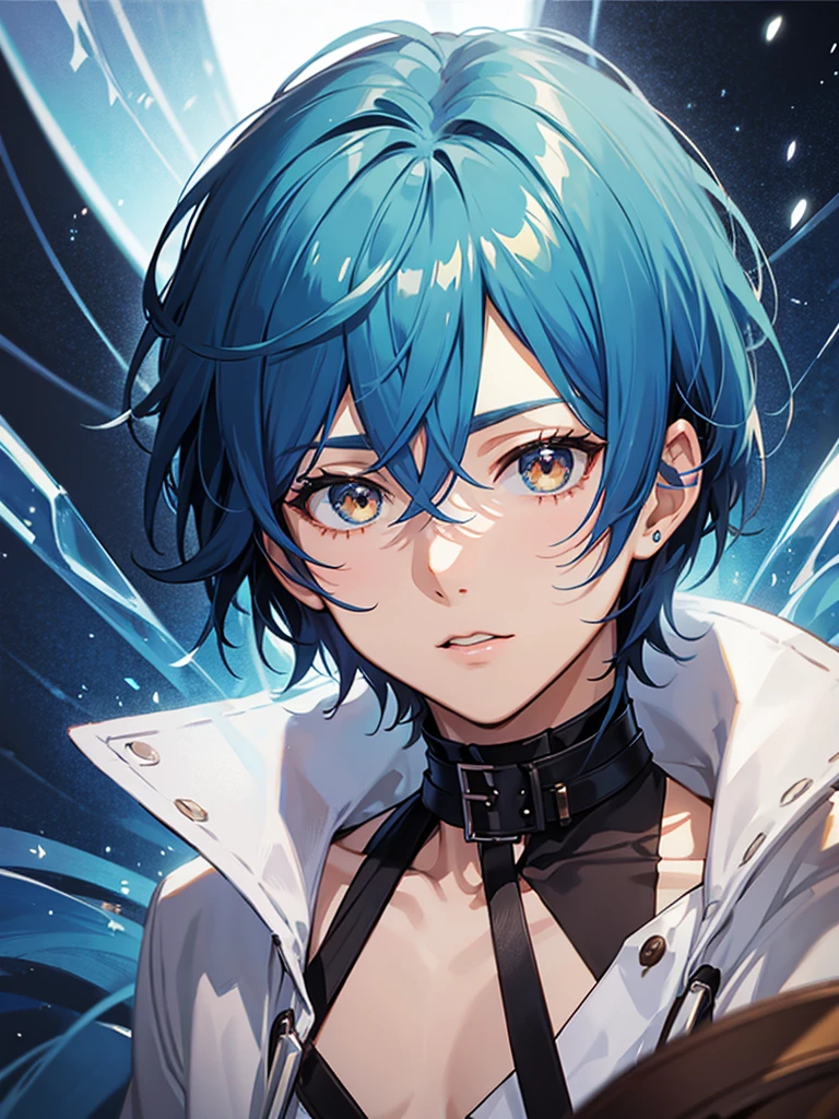 anime style boy, short blue hair down to his neck, with bangs, brown skin, brown eyes