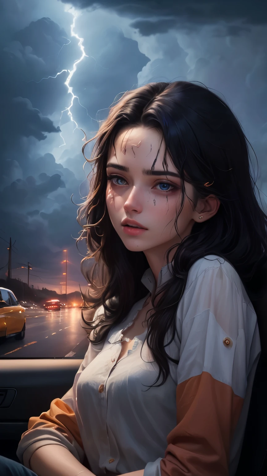 ((best quality)), ((masterpiece)), (detailed), A digital illustration of a long black haired young woman seating injured on road with a lightning bolt scar on her forehead and dark storm clouds in the background