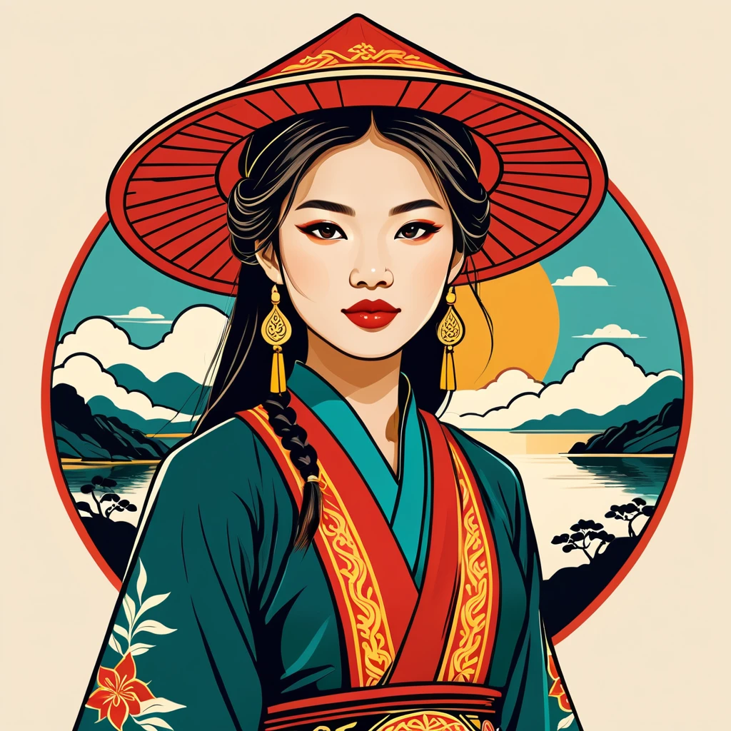 female	nomad	in vietnamese folk outfit	,vector graphics, strong contours, logo design																						