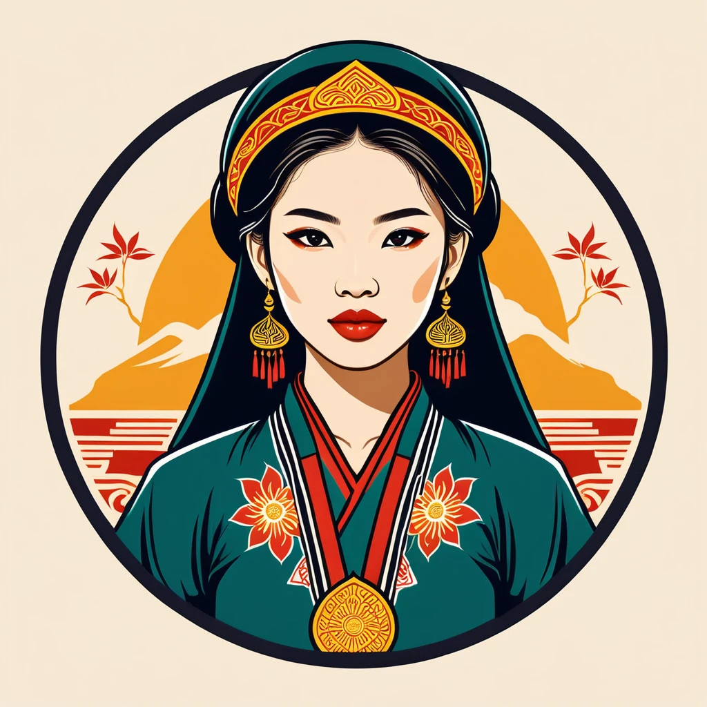 female	nomad	in vietnamese folk outfit	,vector graphics, strong contours, logo design																						