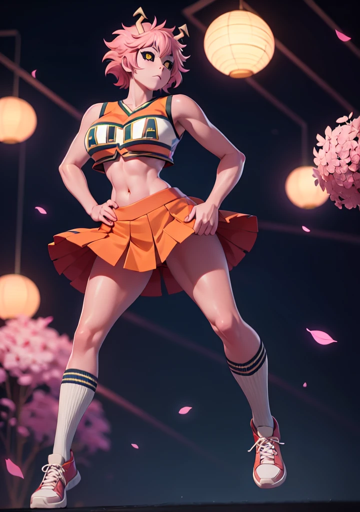 mina ashido, 1girl, solo, looking at viewer, short hair, simple background, yellow eyes, pink hair, horns, colored skin, colored sclera, black sclera, pink skin, U.A. CheerUniform, orange skirt, (bare belly), perfect shading, bare shoulders, big breasts