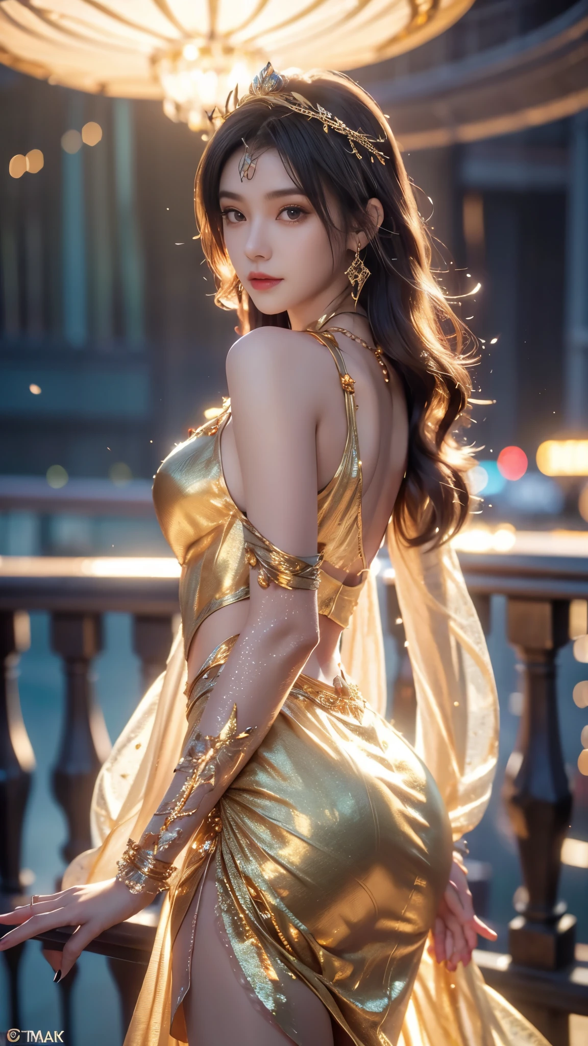 8K, UHD, MAsterpiece, best quality, 1 girl, (realistic face), happy pace, very long hair, small breasts, decorated dress, very beautiful ornaments dress, ((golden and teal color)), ((lace)), mesh dress, sardine, loops, legendary night balcony, depth of field, cinematic lighting, chromatic aberration, motion blur, glowing light, god rays, ray tracing, reflection light, backlighting, navel short,