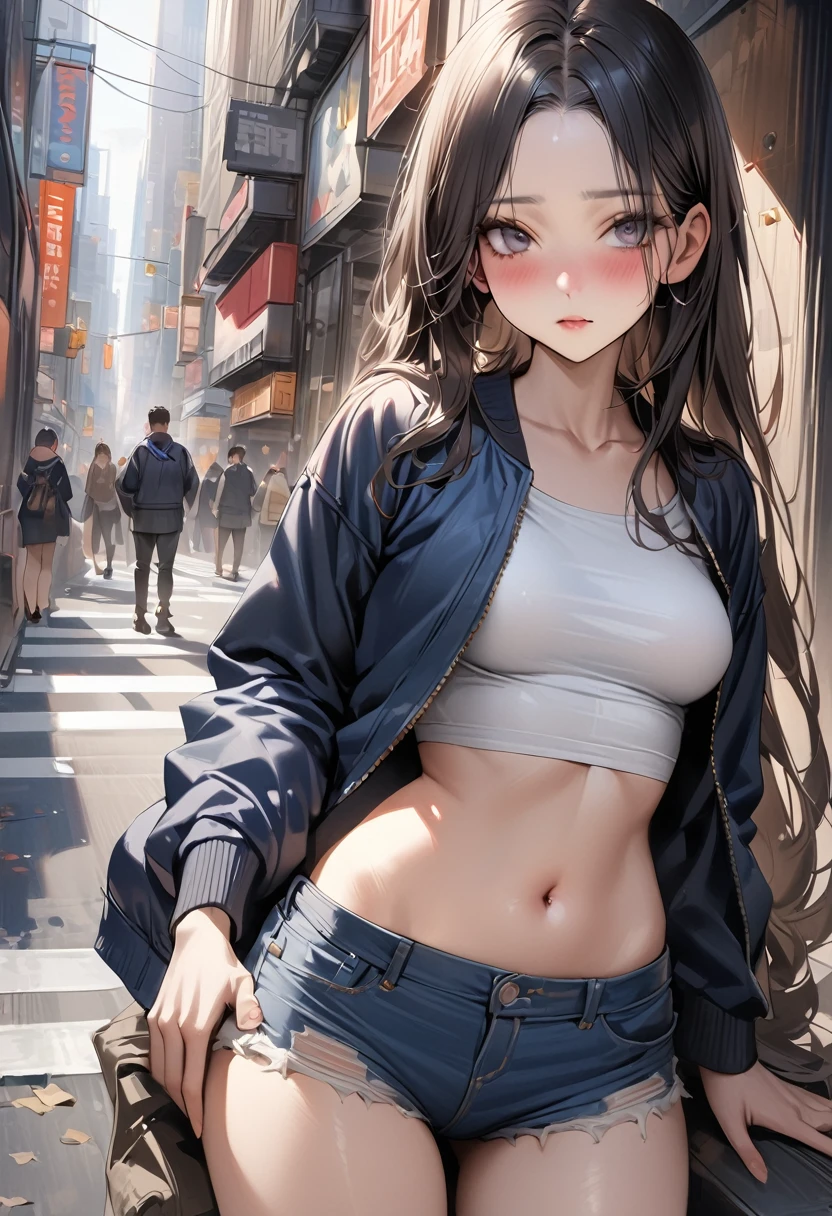 (((masterpiece,Highest quality:1.3,best quality illustration))),(realistic:1.2),cowboy shot,独奏,1woman,(18 year old beauty),((very small head:1.3)),black hair,long hair,forehead,center parted bangs,black eyes,gorgeous big eyes,blush,((very long body,skinny)),(Navy blue baseball jacket),medium breasts,gleaming skin,toned body,slender body,skinny,denim micro shorts,navel、Wearing a white tube top shirt and a blouson,on street,New York City、