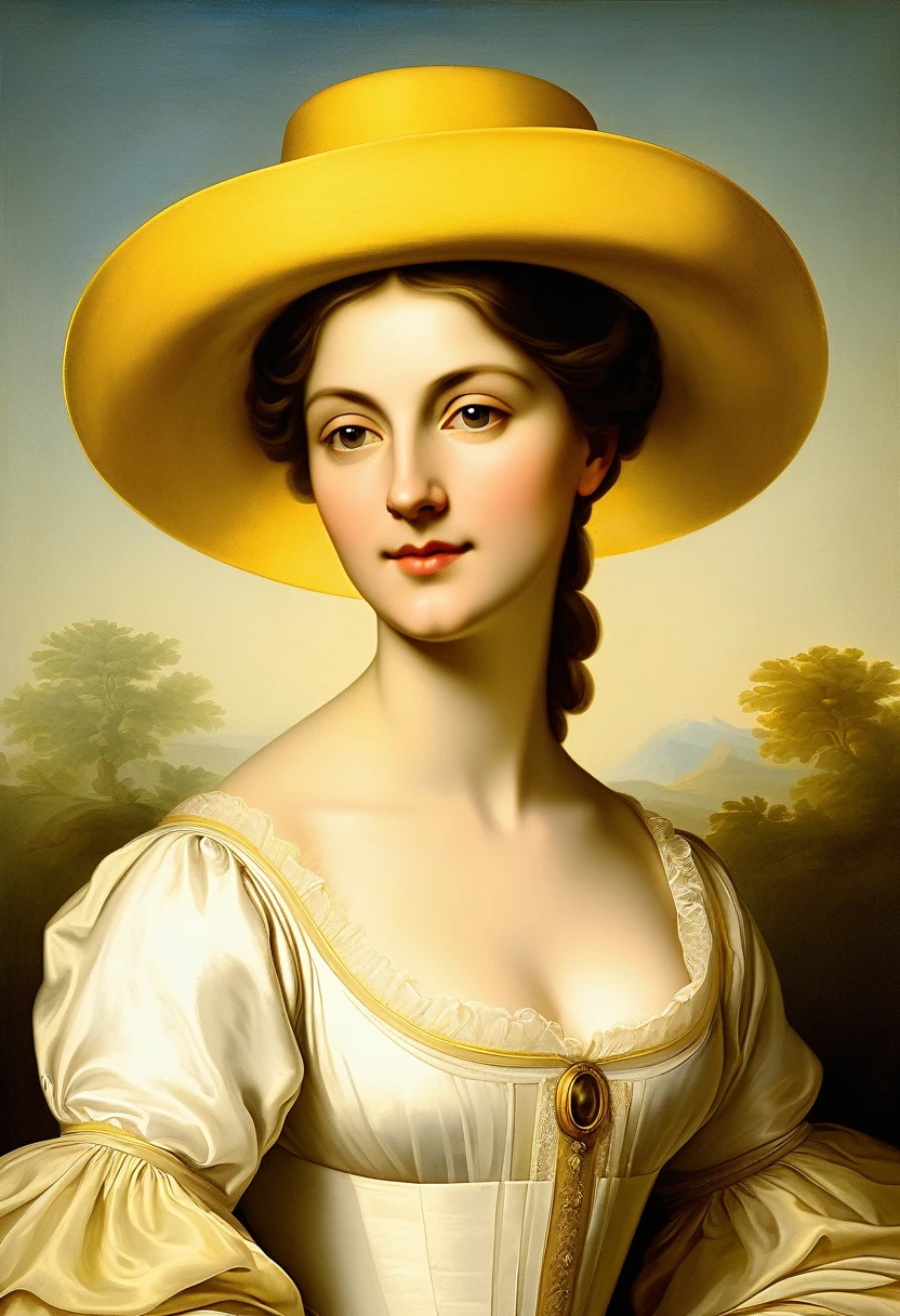 [gradient of the old yellowed canvas] painting of a woman in a white dress and a yellow hat, neoclassical portrait, renaissance digital painting, renaissance style painting, renaissance portrait, portrait of a beautiful goddess, in a renaissance style, realistic renaissance portrait, neoclassical paintings, renaissance oil painting, classical portrait, classicism oil painting, beautiful maiden, rococo style portrait, portrait of a european woman