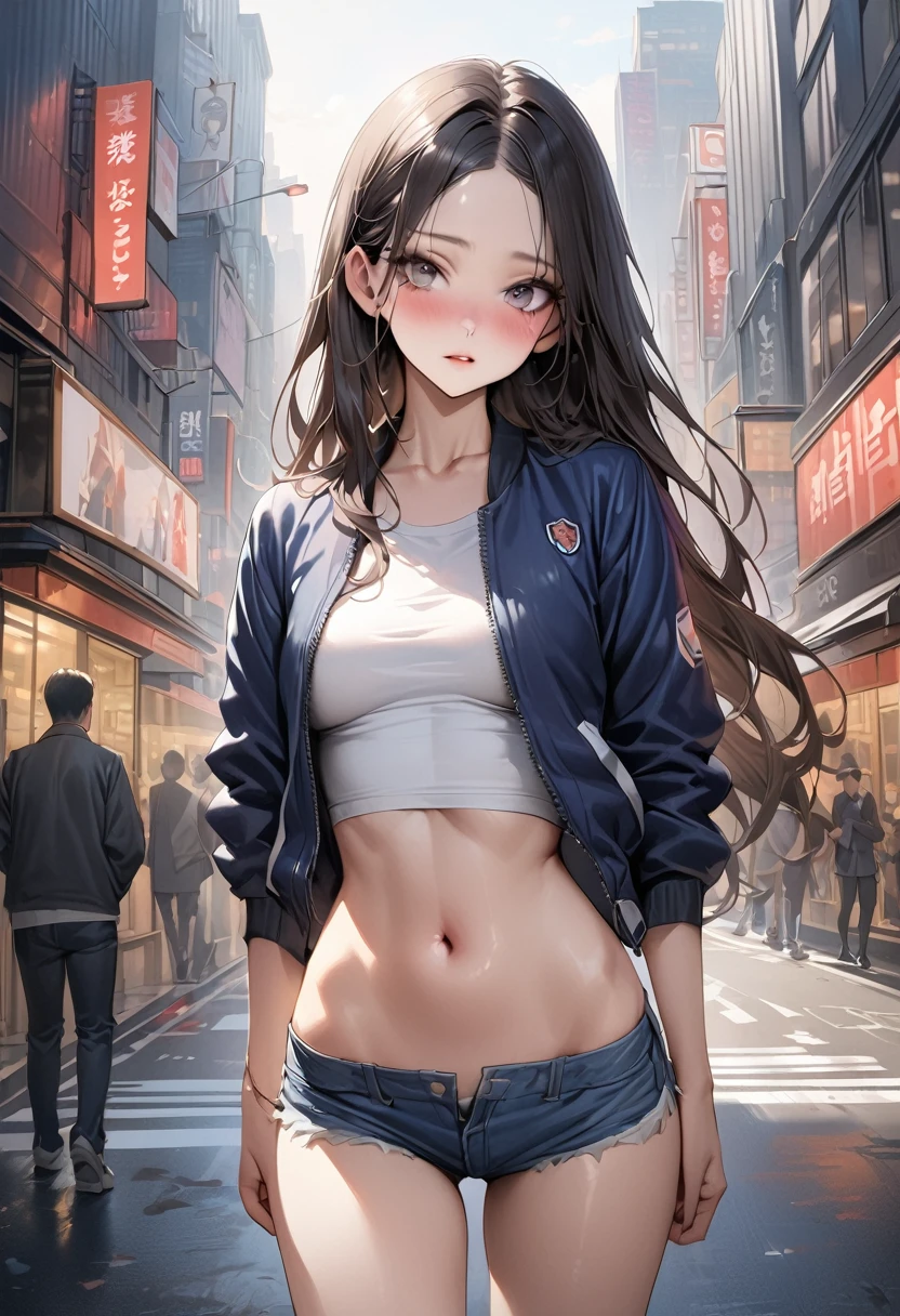 (((masterpiece,Highest quality:1.3,best quality illustration))),(realistic:1.2),cowboy shot,独奏,1woman,(18 year old beauty),((very small head:1.3)),black hair,long hair,forehead,center parted bangs,black eyes,gorgeous big eyes,blush,((very long body,skinny)),(Navy blue baseball jacket),medium breasts,gleaming skin,toned body,slender body,skinny,denim micro shorts,navel、Wearing a white tube top shirt and a blouson,on street,New York City、