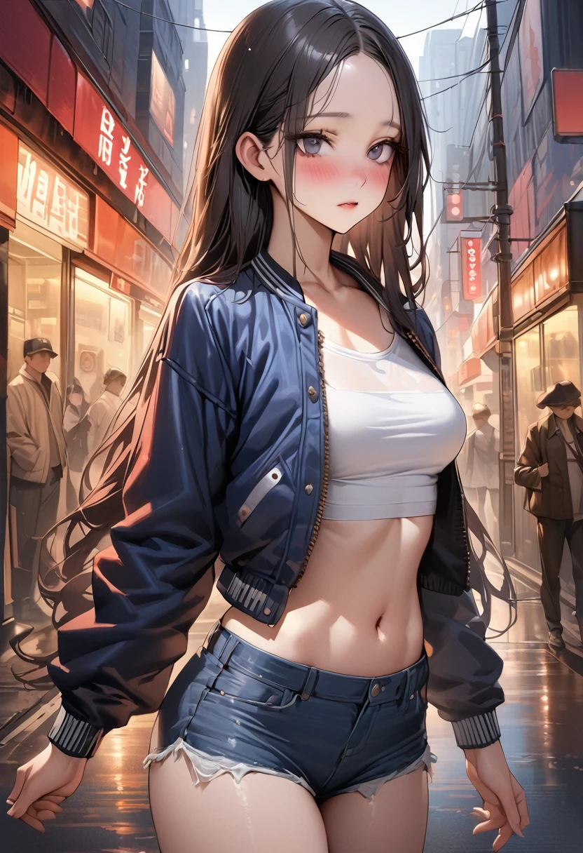 (((masterpiece,Highest quality:1.3,best quality illustration))),(realistic:1.2),cowboy shot,独奏,1woman,(18 year old beauty),((very small head:1.3)),black hair,long hair,forehead,center parted bangs,black eyes,gorgeous big eyes,blush,((very long body,skinny)),(Navy blue baseball jacket),medium breasts,gleaming skin,toned body,slender body,skinny,denim micro shorts,navel、Wearing a white tube top shirt and a blouson,on street,New York City、